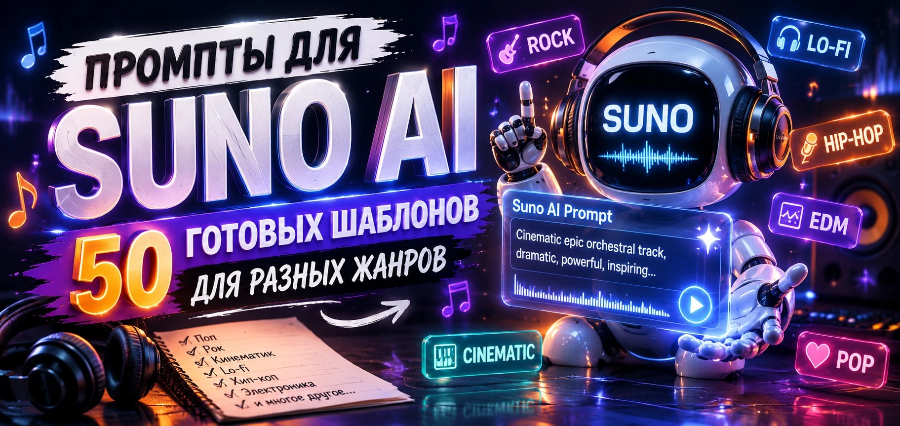 Промпты для Suno 5.5: 50 готовых шаблонов для разных жанров